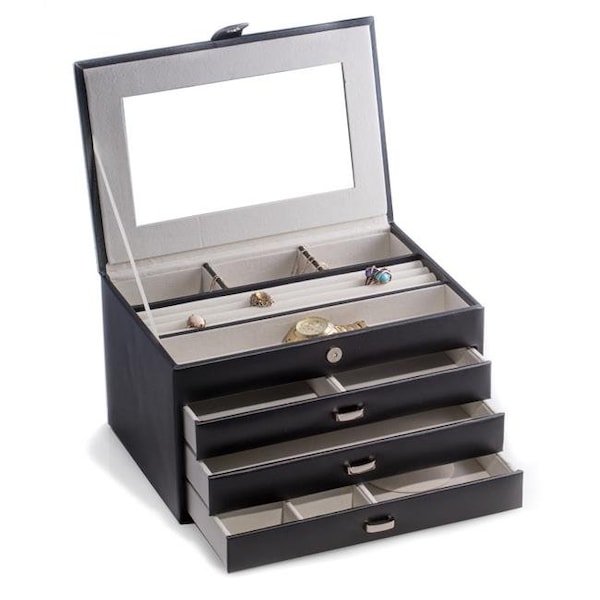 Bey Berk International Bey-Berk International BB652BLK Black Leather 4 Level Jewelry Box with Multi Compartments BB652BLK - main